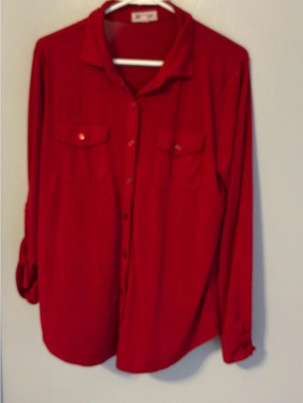 Women's Red Button-Down Shirt with Chest Pockets